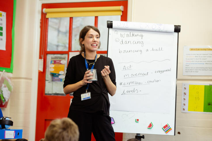 A young woman is standing at the front of a classroom next to a large flipchart. On the flipchart are words related to acting, like dancing, emotion, exaggerated and movement